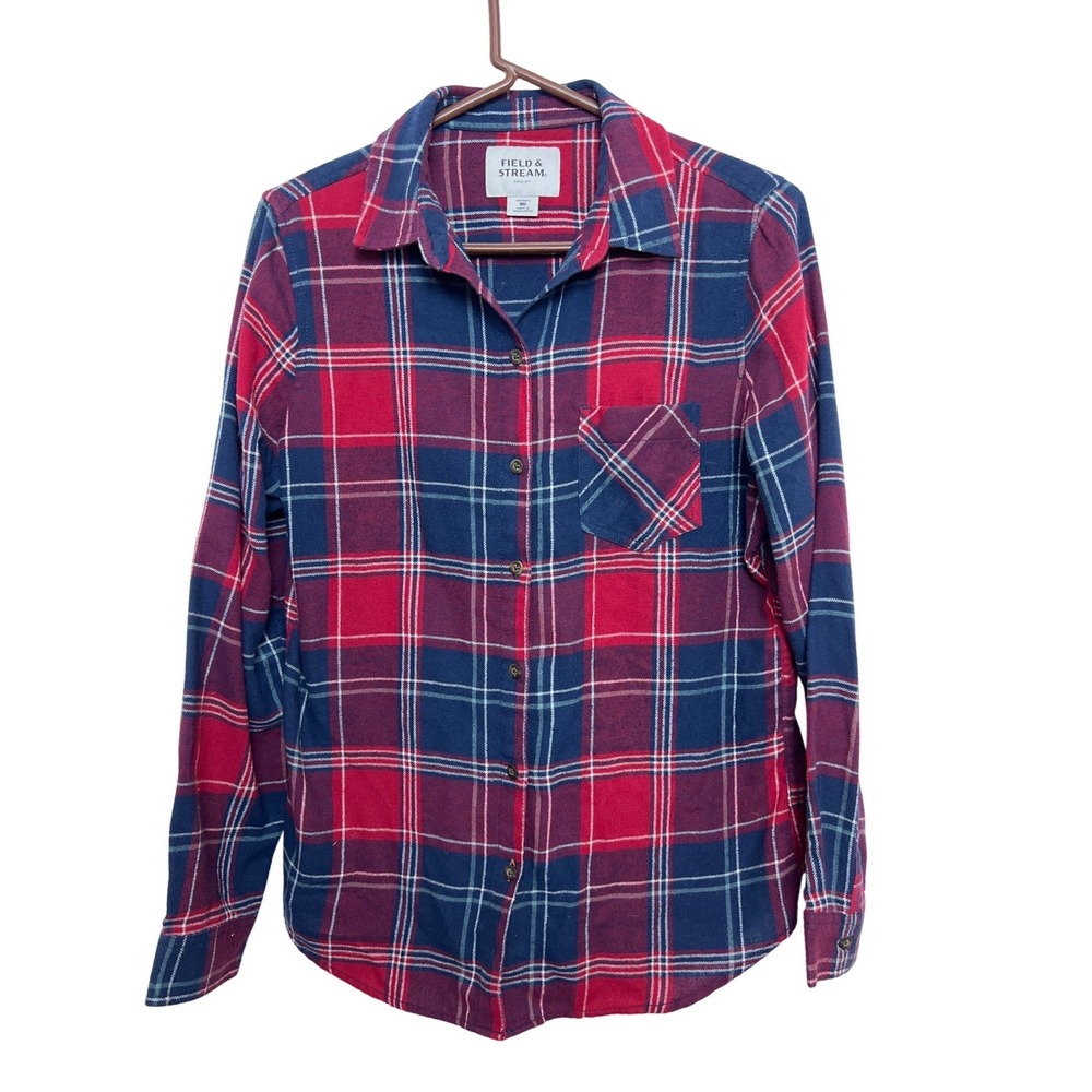 Field & Stream Womens Plaid Long Sleeve Button Down Flannel Shirt Red Navy M CAs